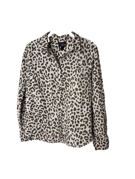 J. Crew Tops - J. Crew Perfect Shirt Size 8 Long Sleeves Linen Cotton Blend Neutral Leopard
